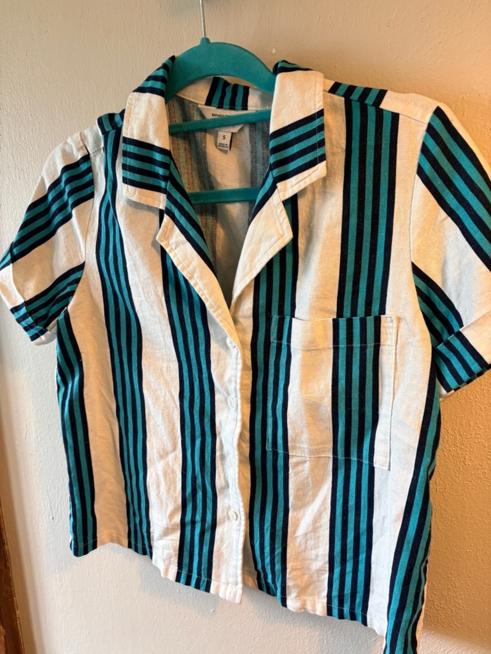 Banana Republic Teal and Navy Striped Linen-Blend Top
